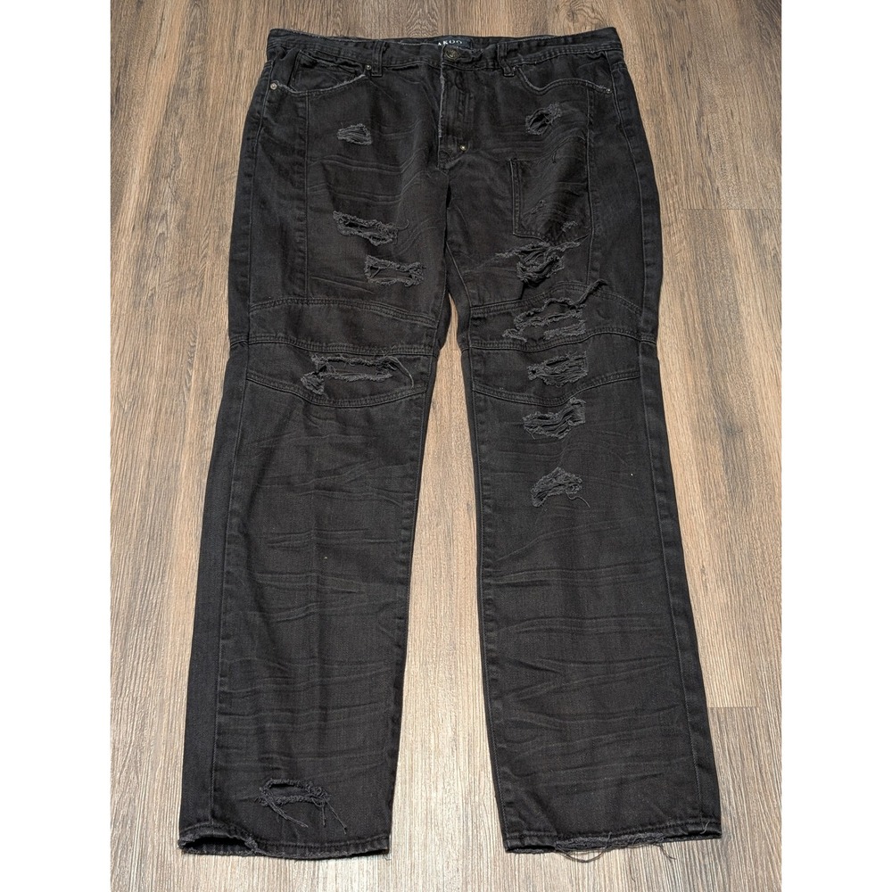 AKOO Black Oak Moto Jeans Mens Size 40 Ripped Distressed Denim